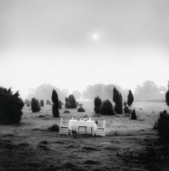 Une table et des chaises au milieu d'une prairie